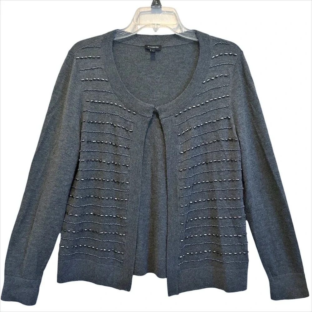 Talbots Beaded Cardigan Sweater L Gray Lambswool Blend Open Front Party Event - Picture 2 of 8